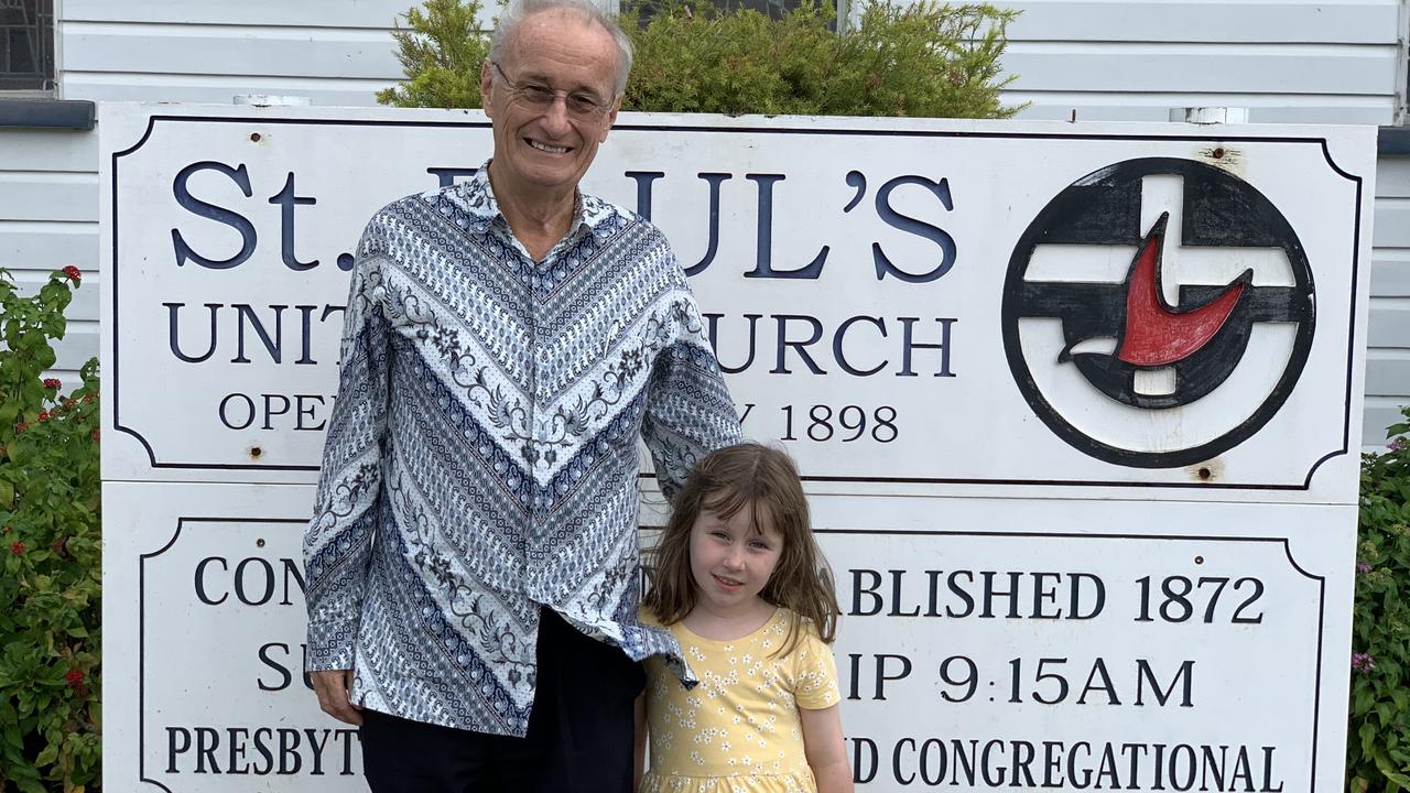 Reverend Professor Emeritus James Haire AC stands with his daughter Charlotte Haire outside St Paul’s Uniting Church on Saturday. Picture: Duncan Evans