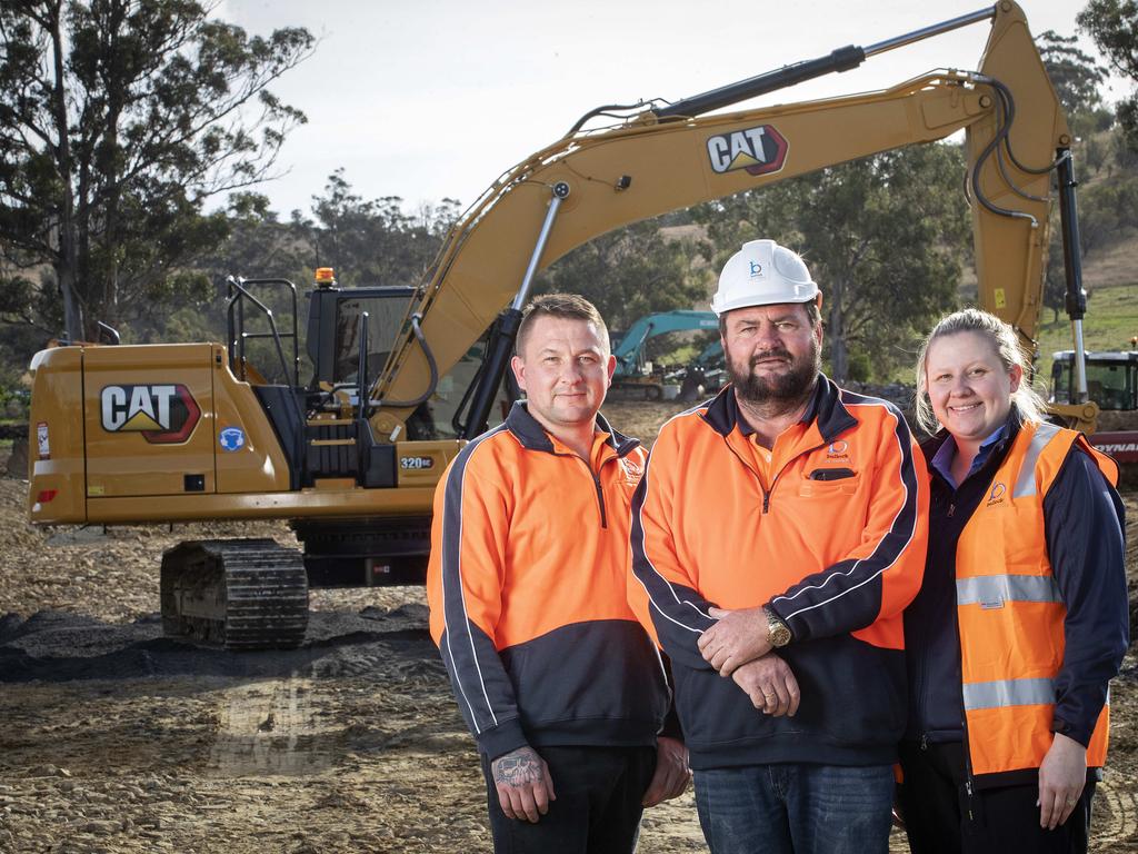 Bullock Civil Contracting machinery operator Brett Bullock, Director Andrew Bullock and administration manager Tori Stevens working at the Brighton Regional Resource Recovery Precinct. Picture: Chris Kidd