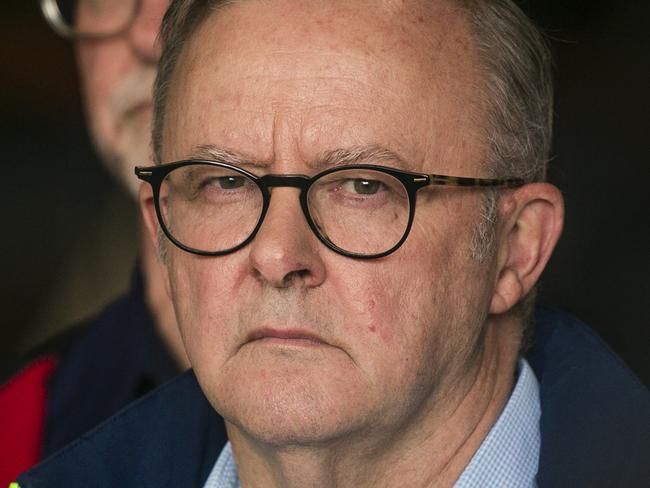 LISMORE, AUSTRALIA - NewsWire Photos - MARCH 10, 2025: The Prime Minister, Anthony Albanese, speaks at a press conferencein Lismore  after TC Alfred  was downgraded to a tropical low with rain and floodwater receeding.Picture: NewsWire / Glenn Campbell