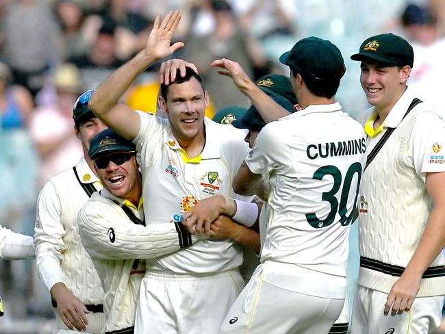 Scott Boland celebrates after dismissing Jack Leach of England during day two of the Third Test. Picture: Quinn Rooney