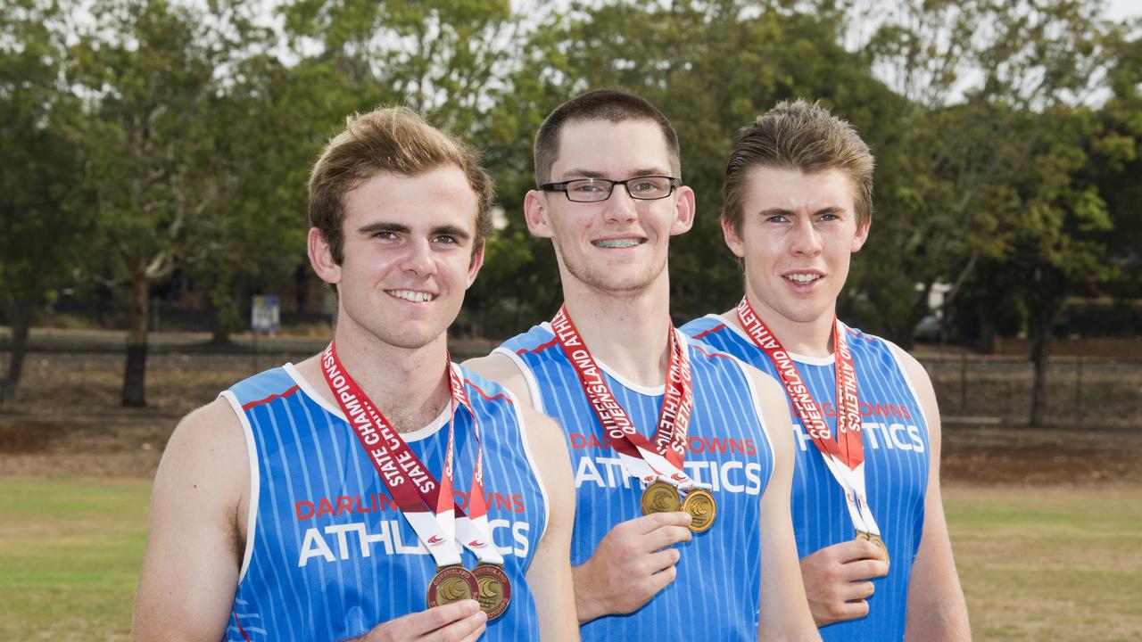 Darling Downs Athletics Club members (from left) William Gilmore, Mason Hughes and Maccrae Laird with their medals from this year's Queensland Athletics state relay championships. Picture: Nev Madsen.