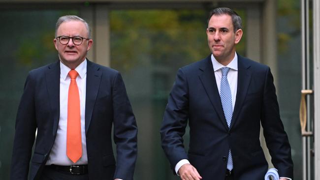 CANBERRA, AUSTRALIA - MAY 15: Prime Minister of Australia, Anthony Albanese and Treasurer of Australia, the Hon Dr Jim Chalmers MP (R) arrive for post budget media interviews at Parliament House on May 15, 2024 in Canberra, Australia. Australia's Labor government is grappling with a slowing economy, weaker commodity prices, soaring housing costs and a softening labor market. It unveiled its federal budget on May 14. The budget is seen as a key opportunity for the Labor government to deliver broad economic support that analysts say is fundamental to re-election chances next year. (Photo by Tracey Nearmy/Getty Images)