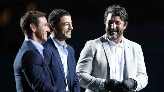 Andrew Johns (left) with Anthony Minichiello and Nathan Hindmarsh before game two. (Photo by Mark Kolbe/Getty Images)