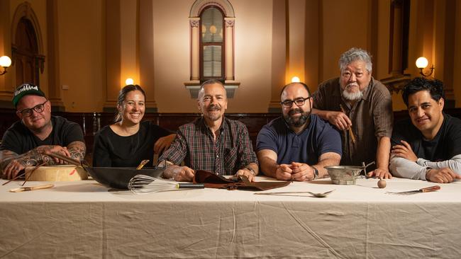 Tasting Australia talent Adam Liston, Emma McCaskill, Simon Bryant, Paul Baker, Cheong Liew and Morgan McGlone. Picture: Brad Fleet