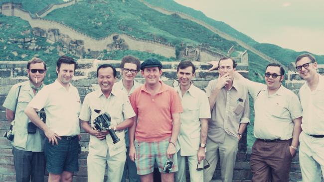 Australian journalists who accompanied Whitlam on his historic trip pose for a snap at China’s Great Wall, from left: Derek McKendry, John Stubbs, Willie Phua, Ken Randall, Eric Walsh, Philip Koch, Allan Barnes, Laurie Oakes and David Barnett. Picture: Whitlam Institute