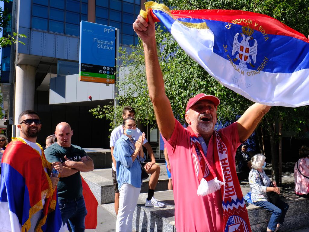 Supporters of Novak Djokovic rally outside the Federal Court in Melbourne. Picture: Luis Enrique Ascui