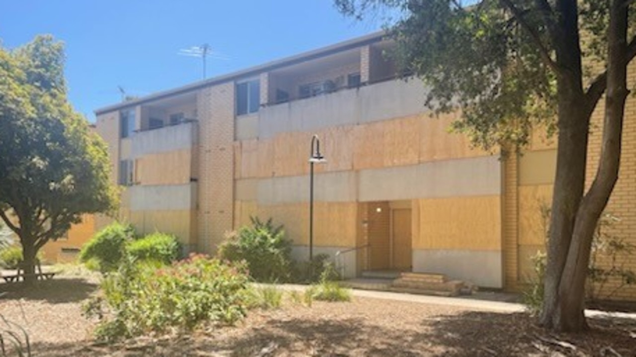 The outside of the boarded up Findon housing block.