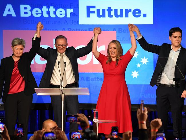 TAUS 60th Anniversary. SYDNEY, AUSTRALIA - MAY 21: Penny Wong, Labor Leader Anthony Albanese, his partner Jodie Haydon and his son Nathan Albanese celebrate victory during the Labor Party election night event at Canterbury-Hurlstone Park RSL Club on May 21, 2022 in Sydney, Australia. Labor leader Anthony Albanese has claimed victory over Liberal Prime Minister Scott Morrison to become Australia's 31st Prime Minister. (Photo by James D. Morgan/Getty Images)