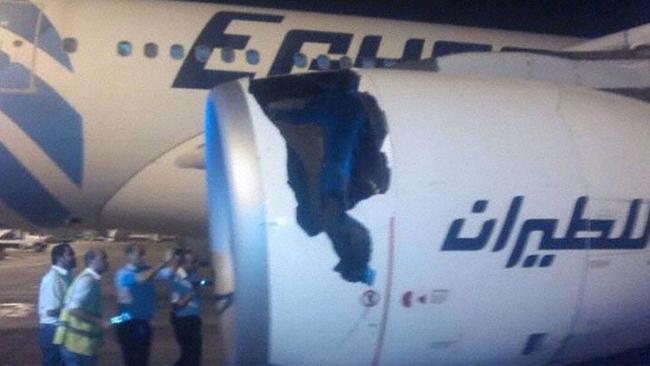 Damage to the left engine of an Egypt Air A330 after takeoff in Cairo on May 17, 2017. Picture: Simon/AvHerald.com