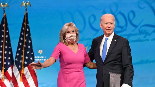 US President-elect Joe Biden arrives with wife Jill Biden to deliver remarks on the Electoral college certification on December 14. Picture: AFP