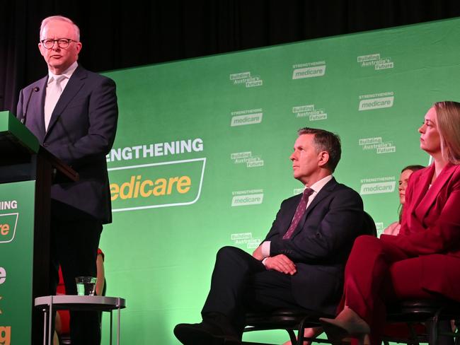 LAUNCESTON, TASMANIA, NewsWire Photos. 23 FEBRUARY, 2025. Prime Minister, Anthony Albanese makes a major speech about Laborâs plan to Build Australiaâs Future and Strengthening Medicare, watched by Health Minister Mark Butler and Albanese's partner Jodie Haydon. Picture: NewsWire/ Scott Gelston