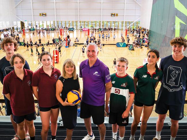 Gold Coast Deputy Mayor Donna Gates with Volleyball Australia Director of Sport, Delivery and Growth Phil Muller and school kids at the Australian Volleyball Schools Cup. Photo: Rogue Gun Photography