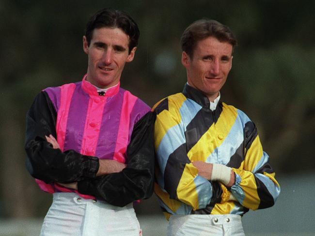 Jockey Jason Oliver (l) with brother Damien Oliver (r) wearing silks at Bendigo jockey club meeting 17 Apr 1997. p/