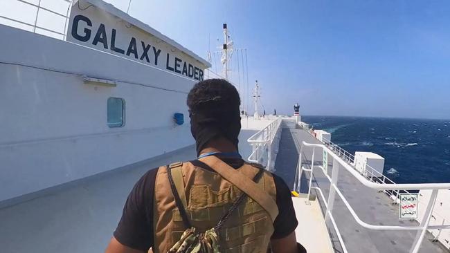 A handout screen grab captured from a video of Yemen's Houthi fighters on the Galaxy Leader Cargo in the Red Sea coast off Hudaydah on November 20.