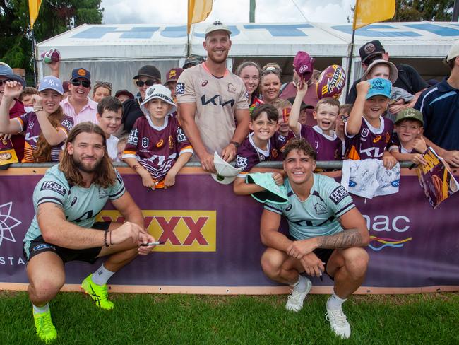 Pat Carrigan and Reece Walsh - Broncos players connecting with the fans in Toowoomba. at the Fan Day at the Clive Berghofer Stadium. 15th February 2025; pic David Martinelli