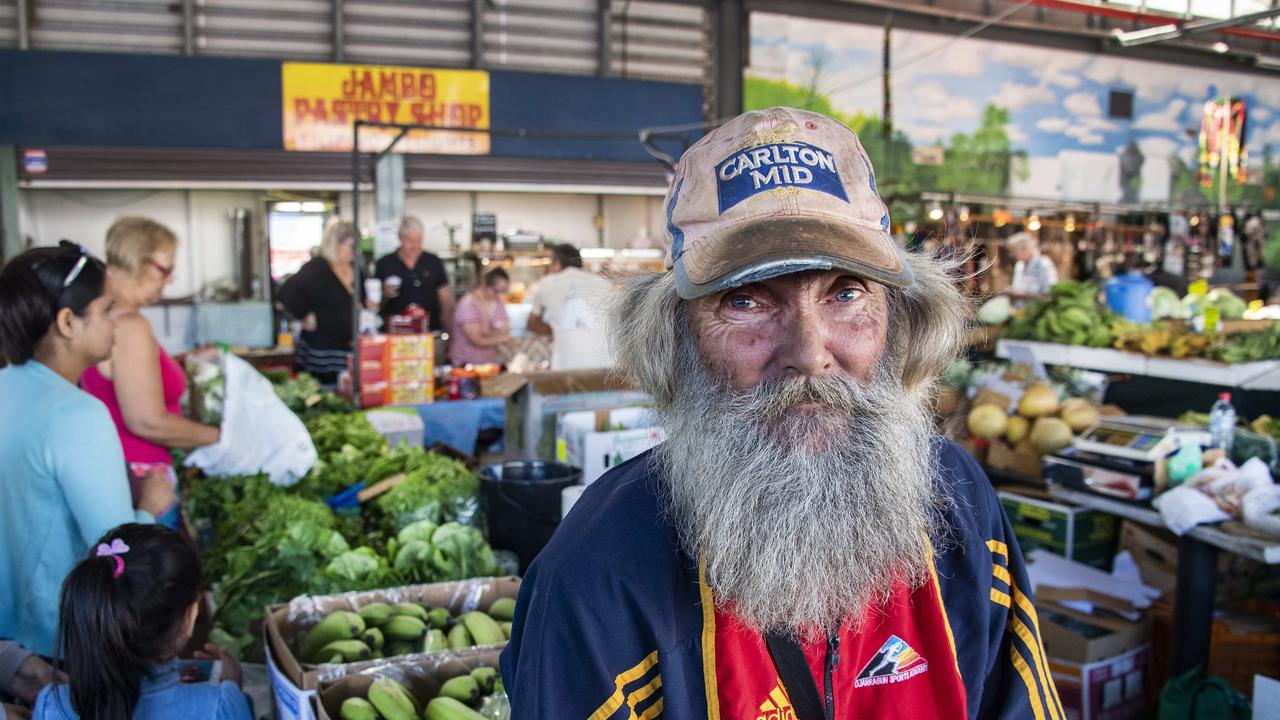 Doug Peters sells bananas at a stall in the iconic Rusty’s produce market in Cairns. The market has been open for business right through the pandemic and lockdown, albeit, at some stage with social distancing regulations in place. At this time most of those regulations have been rescinded. Picture: Brian Cassey