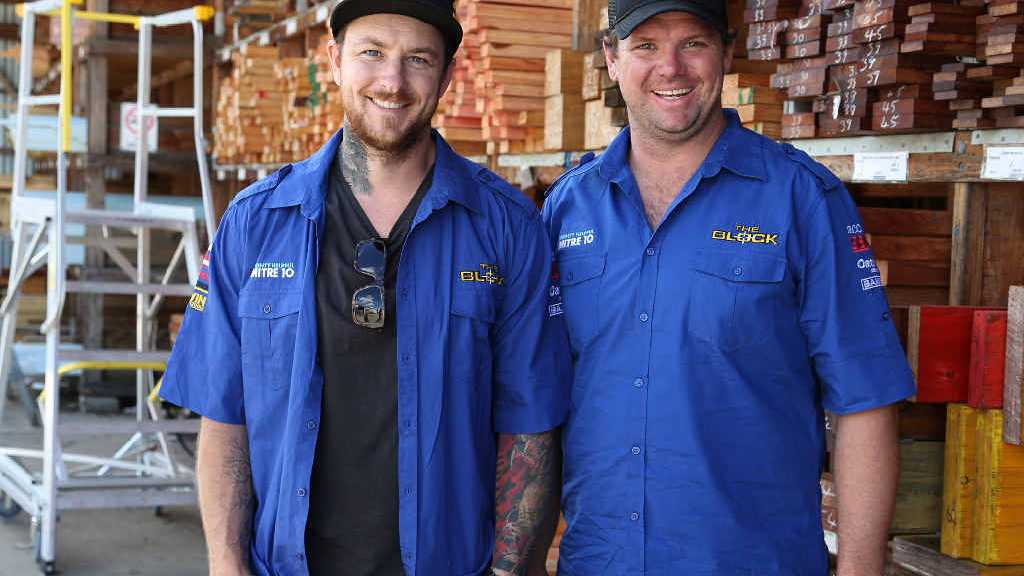 The Block Fans v Faves contestants Dale Vine and Brad Cranfield visited Woodman’s Mitre 10 as part of the Mitre 10 Aussie Road Trip. Picture: Sid Russell