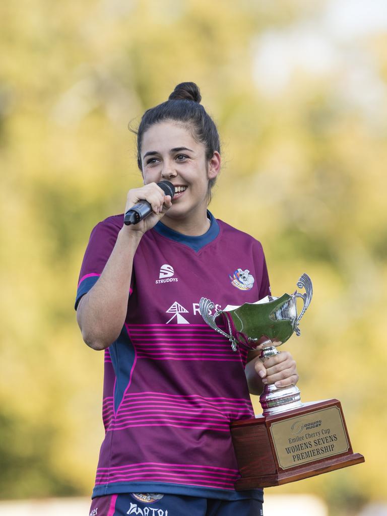 Toowoomba Bears Womens 7s captain Lily Black talks after the team defeated Roma Echnidas Womens 7s in the Emilee Cherry Cup. Picture: Kevin Farmer