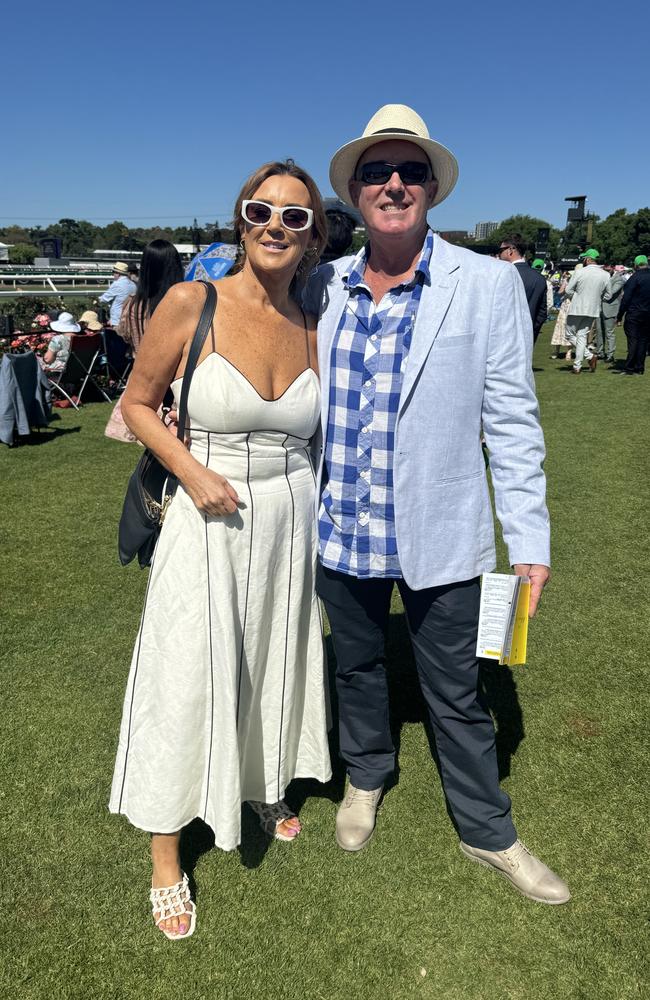 Rachel and Eugene MacFarlane at the Melbourne Cup at Flemington Racecourse on November 5, 2024. Picture: Phillippa Butt