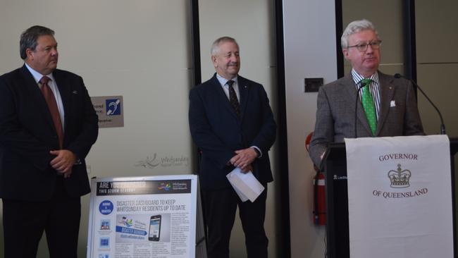 Queensland Governor Paul de Jersey (right) addresses members of the Proserpine community at the council chambers. Pictured with the Governor is Whitsunday Mayor Andrew Willcox (left) and Government House official secretary Mark Gower. Photo: Elyse Wurm