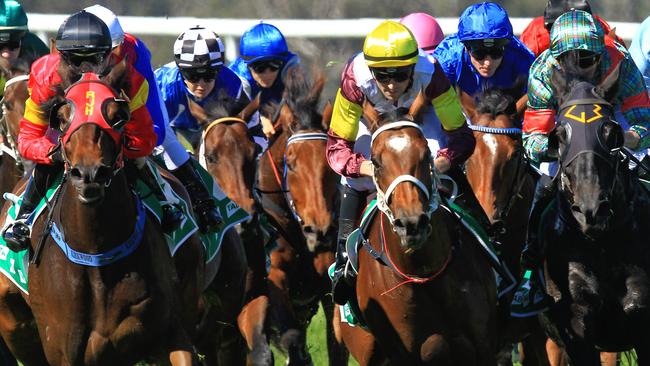 Loving home ridden by Tye Angland  (yellow cap, maroon with yellow armbands) wins race 1 during Scone  Races located in the Upper Hunter Region of NSW. The Bend . Pic Jenny Evans