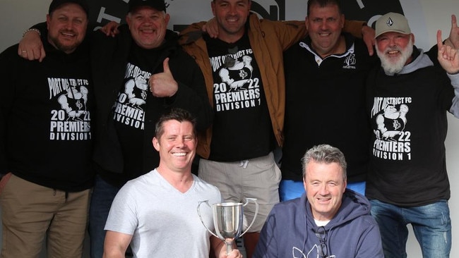 Lee Whitehorn (front, left) celebrates the 2022 division one premiership with fellow Port District coaches. Picture: Port District Football Club