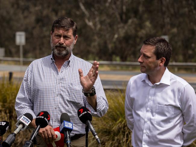 WODONGA, AUSTRALIA - NOVEMBER 24:   Leader of the Liberal Party, Matt Guy and Shadow Minister for Regional Cities, Bill Tilley. Union Bridge (Victorian side), Gateway Village, Lincoln Causeway, Wodonga. Picture: NCA NewsWire / Jason Robins