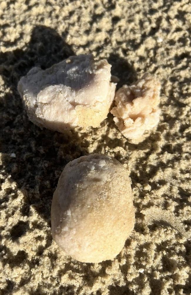 "Foul-smelling chunks" washed up on Verona Sands beach. Picture: Neighbours of Fish Farming.