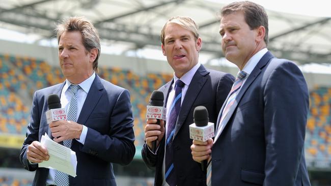 Channel Nine commentators Mark Nicholas, Shane Warne and Mark Taylor during day four of the first Ashes Test in Brisbane.