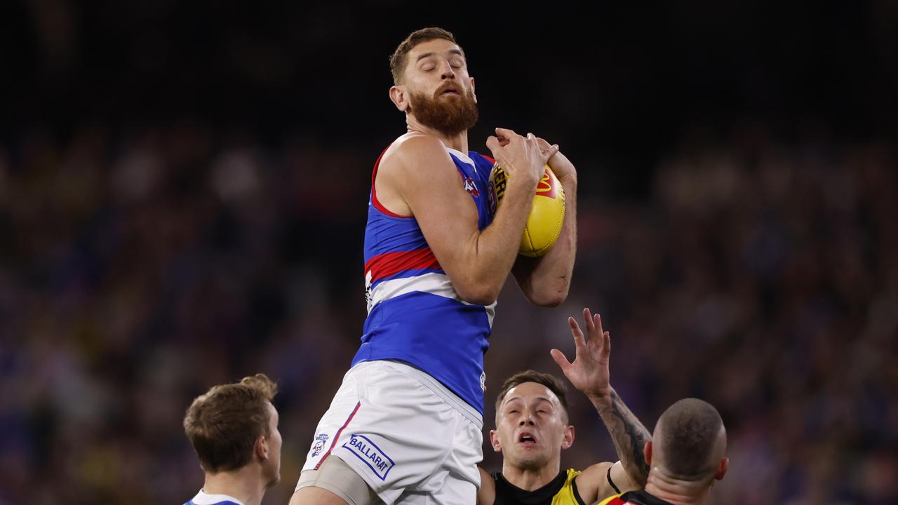 MELBOURNE, AUSTRALIA – MAY 11: Liam Jones of the Bulldogs marks the ball during the round nine AFL match between Richmond Tigers and Western Bulldogs at Melbourne Cricket Ground, on May 11, 2024, in Melbourne, Australia. (Photo by Darrian Traynor/AFL Photos/via Getty Images)