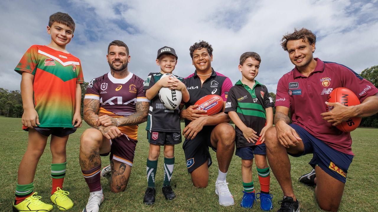 Adam Reynolds, Selwyn Cobbo and Callum Ah Chee with junior rugby league players Alexander Mawhinney 9, Jack McKennariey 6, and Hayden Mawhinney 6, at Twin Waters for the launch of the latest round of the $150 FairPlay vouchers to help families pay for junior sport. Picture Lachie Millard