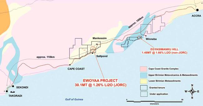 The Ewoyaa Lithium Project is within 110km of the operating deep-sea port of Takoradi port and 100km of the capital Accra.