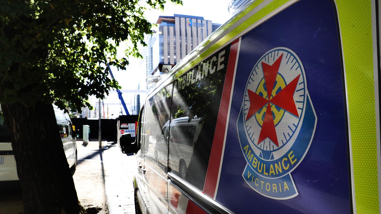 MELBOURNE, AUSTRALIA - NewsWire Photos, JANUARY 20, 2022. An Ambulance on standby at the Royal Melbourne Hospital as the hospital system in Victoria remains stretched under a code brown. Picture: NCA NewsWire / David Crosling