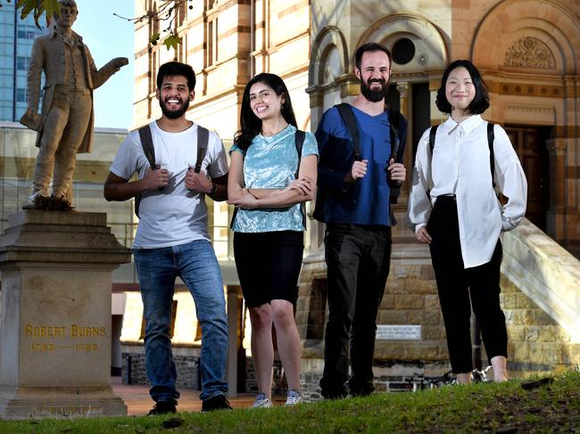 International Student Numbers on the increase. Dhanush Manne 24, INDIA, Masters of Aerospace Engineering at UNI Adelaide, 0452224385; Karen Figueroa 28, Colombia, master of Financial Planning at UniSA, 0401601283; Aguinaldo Nunes, 30, Brazil, General ENGLISH, 0410703123; Xinyu Du, 19, China, early childhood education, 0416319970. Pictured at the State Library. Picture: Tricia Watkinson