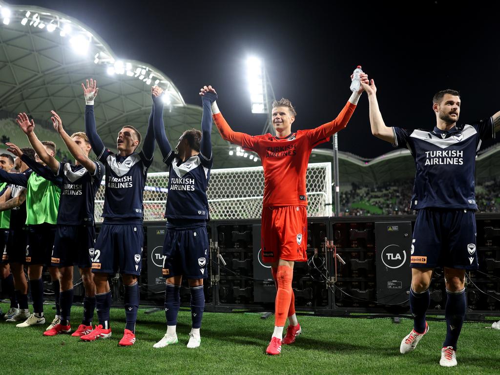 Victory players celebrate the win with fans. Photo: Jonathan DiMaggio/Getty Images