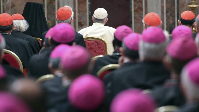 Pope Francis, background in the centre, at a penitential liturgy at the Vatican last week as he hosted a four-day summit on preventing clergy sexual abuse. Picture: Vincenzo Pinto/via AP)