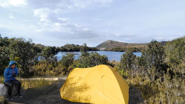 Artist’s impression of a camper at Lake Malcolm on the proposed Next Iconic Walk near the Tyndall Range. Picture: Supplied/JAWS Architects