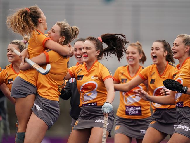 The Brisbane Blaze celebrate as they win the Women's Hockey One Grand Final match between HC Melbourne and Brisbane Blaze at the State Netball and Hockey Centre in Melbourne, Saturday, November 16, 2019. (AAP Image/Scott Barbour) NO ARCHIVING, EDITORIAL USE ONLY