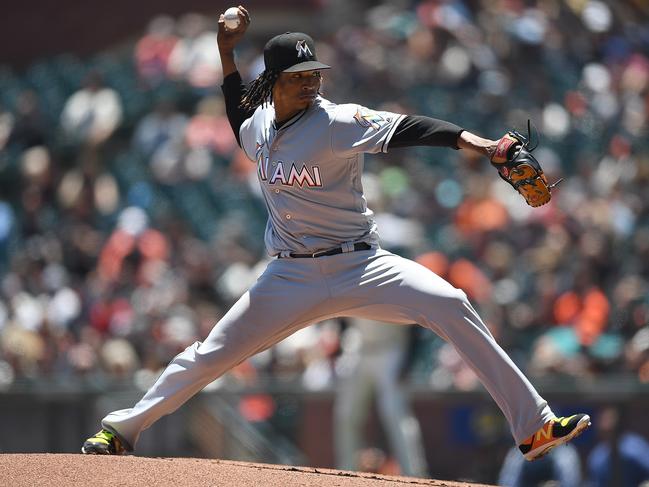 SAN FRANCISCO, CA - JUNE 20: Jose Urena #62 of the Miami Marlins pitches against the San Francisco Giants in the bottom of the first inning at AT&T Park on June 20, 2018 in San Francisco, California.   Thearon W. Henderson/Getty Images/AFP == FOR NEWSPAPERS, INTERNET, TELCOS & TELEVISION USE ONLY ==