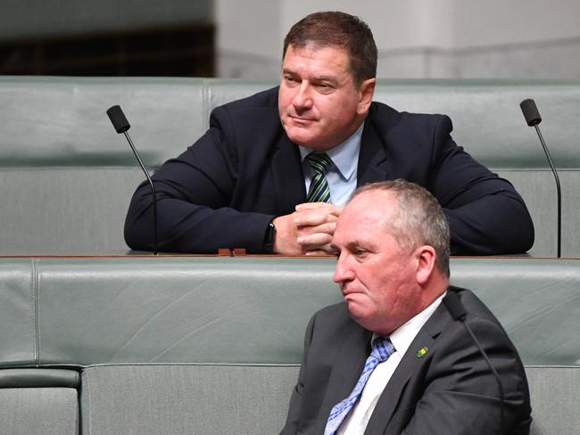 Nationals Member for Wide Bay Llew O'Brien and Nationals member for New England Barnaby Joyce during Question Time in the House of Representatives at Parliament House in Canberra, Monday, Feb. 10, 2020. (AAP Image/Mick Tsikas) NO ARCHIVING