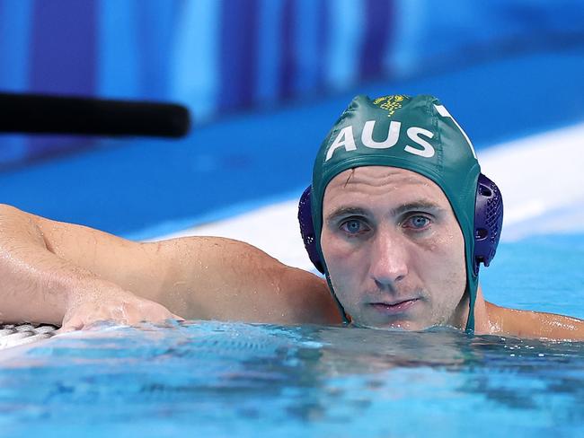 NANTERRE, FRANCE - AUGUST 07: Luke Pavillard of Team Australia looks dejected after losing the Men's Quarterfinal match between Team United States and Team Australia on day twelve of the Olympic Games Paris 2024 at Paris La Defense Arena on August 07, 2024 in Nanterre, France. (Photo by Quinn Rooney/Getty Images)