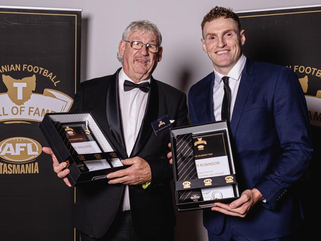 Tasmanian Football Hall of Famer Rickie Dolliver (left) has been charged with ushering Scottsdale into the NTFA Premier League as coach. Picture: Linda Higginson/AFL Tasmania