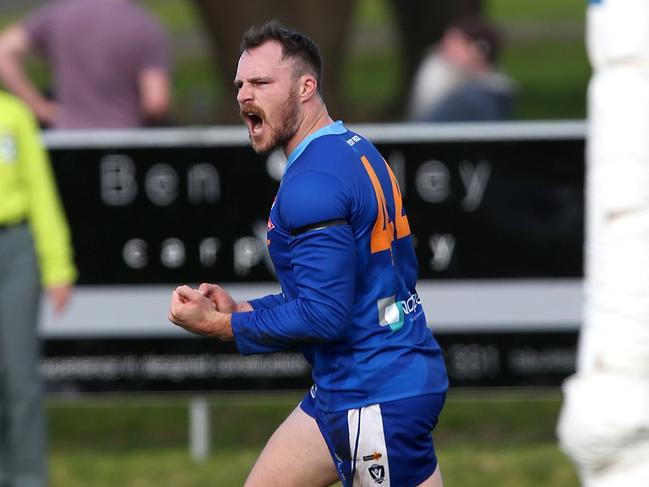 BFL: Barwon Heads v Modewarre @ Barwon Heads. Barwon Heads (44) Brad Harvey celebrates a goal. Picture: Mike Dugdale