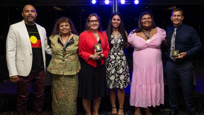 Timmy Duggan, Carol Stanislaus, Meaghan Lake, Lalwa May, Skye Lampton and Brendan Pettersen at the 2023 NT Indigenous Sport Awards. Picture: Celina Whan