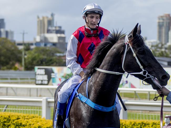 Jockey Clayton Gallagher riding Wallander at the Gold Coast Turf Club. Picture: Jerad Williams.