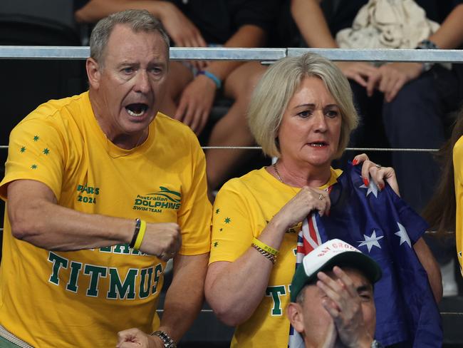 Steve and Robyn Titmus cheer on after Ariarne won gold during the final of the women’s 400m freestyle in Paris. Picture: Adam Head