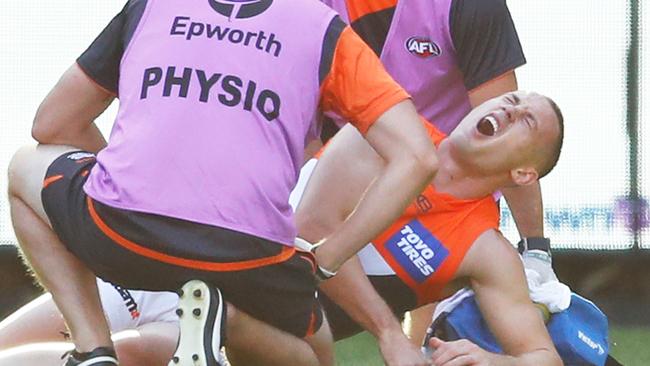 Tom Scully suffered a horror ankle injury against Collingwood. Picture: Getty Images