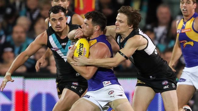 Luke Shuey was taken high by Jared Polec in the final seconds of the 2017 elimination final, before kicking the matchwinning goal from the resulting free kick after the siren. Picture: AFL Media/Getty