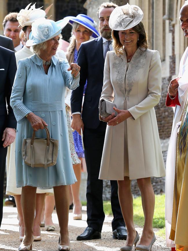 Camilla, Duchess of Cornwall and Carole Middleton leave the Church of St Mary Magdalene on the Sandringham Estate for the Christening of Princess Charlotte of Cambridge on July 5, 2015 in King’s Lynn, England. Picture: Getty