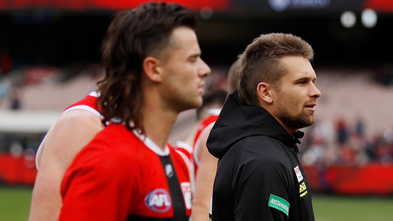 St Kilda forward Dan Butler (right) is in doubt for Saturday’s big clash with Geelong. Picture: Getty Images